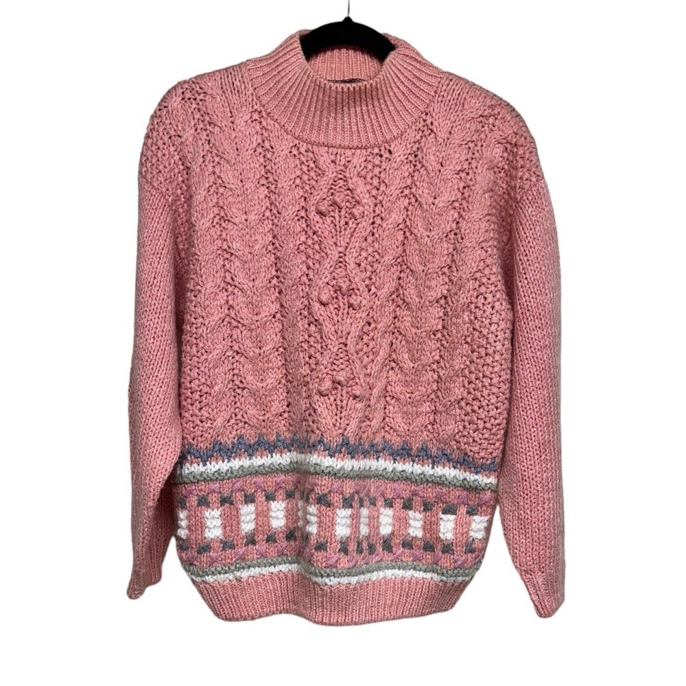 VTG Rafferty‎ Hand Knit Embroidered Mock Neck Sweater Orange Women's Size Large